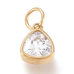 Clear Vacuum Plating 304 Stainless Steel Cubic Zirconia Pendant, Triangle, Golden, Clear, 12.5x9.5x5mm, Hole: 5mm