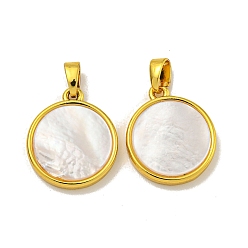 Золотой Стойки с латунным покрытием, подвески из натуральных белых ракушек с паве, плоско-круглые, золотые, 17.5x15x3.5 мм, отверстие : 5 мм