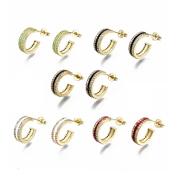 Mixed Color Semicircular Brass Micro Pave Clear Cubic Zirconia Half Hoop Earrings, Stud Earrings, with Enamel and Ear Nuts, Nickel Free, Real 16K Gold Plated, Mixed Color, 14.5x4mm, Pin: 0.8mm