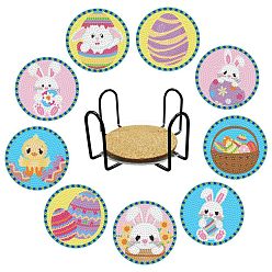 Egg DIY Cup Mats Diamond Painting Kits, Including Flat Round Coasters, Cork Pads, Iron Coaster Holder, Resin Rhinestones, Diamond Sticky Pen, Tray Plate and Glue Clay, Easter Theme Pattern, 100mm
