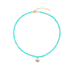Aquamarine Natural Aquamarine Beaded Necklaces, with Golden Plated Metal Eye Charms, 15.75 inch(40cm), Charm: 13.7x13.8mm