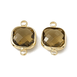 Smoked Topaz Transparent K9 Glass Connector Charms, with Light Gold Plated Brass Findings, Faceted, Square Links, Smoked Topaz, 16.5x10.5x5.5mm