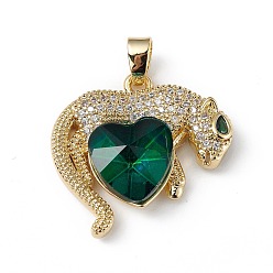 Dark Green Real 18K Gold Plated Rack Plating Brass Micro Pave Clear Cubic Zirconia Pendants, with Glass, Long-Lasting Plated, Cadmium Free & Lead Free, Leopard with Heart Charm, Dark Green, 24.5x25x8.2mm, Hole: 5x3.2mm