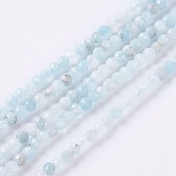 Aquamarine Natural Aquamarine Beads Strands, Faceted, Round, 2mm, Hole: 0.5mm, about 204pcs/strand, 15.7 inch