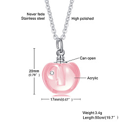 Pink Glass Apple Perfume Bottle Necklaces, with Stainless Steel Cable Chains, Pink, 19.69 inch(50cm)