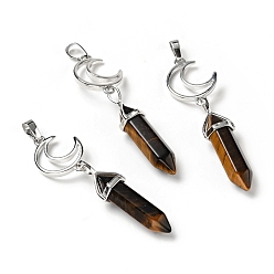 Tiger Eye Natural Tiger Eye Double Terminated Pointed Big Pendants, with Platinum Tone Brass Findings, Cadmium Free & Lead Free, Moon with Bullet, Faceted, 70~75mm, Hole: 4.6x8mm