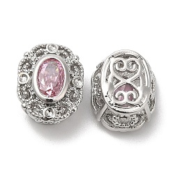 Pink Brass with Glass Multi-Strand Links, Hollow Oval, Platinum, Pink, 11.5x9.5x7mm, Hole: 1.8mm