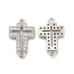 Platinum Brass Micro Pave Clear Cubic Zirconia Connector Charms, Religion Cross Links, Platinum, 15x9.5x2mm, Hole: 1mm