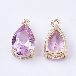 Pearl Pink Transparent Glass Charms, with Brass Findings, Faceted, Teardrop, Light Gold, Pearl Pink, 15x8x6mm, Hole: 1.2mm