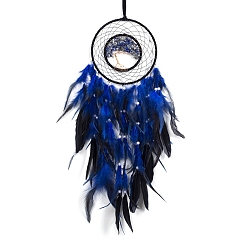 Sodalite Iron & Wire Wrapped Natural Sodalit Chip Tree of Life Hanging Decoration, for Home Decoration, Woven Net/Web with Feather, 600x160mm