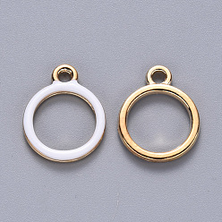 White Alloy Enamel Pendants, Round Ring, Light Gold, White, 16x13x2mm, Hole: 1.8mm
