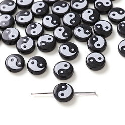Черный 5 непрозрачные акриловые бусины, плоские круглые с инь-янь, чёрные, 11x4 мм, отверстие : 1 мм