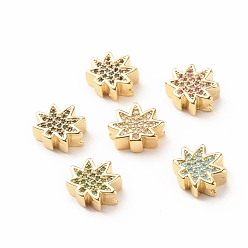 Mixed Color Rack Plating Brass Cubic Zirconia Beads, Cadmium Free & Lead Free, Real 18K Gold Plated, Maple Leaf, Mixed Color, 11x13.5x4.5mm, Hole: 2x1.6mm