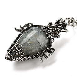 Лабрадорита Натуральный лабрадорит маятник для биолокации большие подвески, с реечной обшивкой, фурнитурой из сплава старинного серебра, без свинца и без кадмия, слеза, 298~305 мм