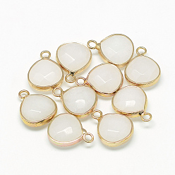 Creamy White Natural White Jade Pendants, with Nickel Free Brass Findings, Faceted, Dyed, teardrop, Golden, Creamy White, 17.5x13.5x6.5mm, Hole: 2mm