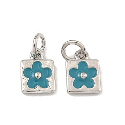 Бирюза Латунь эмаль подвески, квадратные и цветочные подвески, долговечный, стойки покрытие, без свинца и без кадмия, платина, бирюзовые, 10x7x2 мм, Перейти кольцо: 5.5x1 мм, 3 мм внутренним диаметром