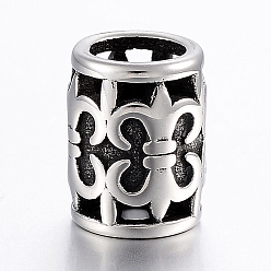 Antique Silver 304 Stainless Steel Bead Enamel Settings, Large Hole Beads, Column with Fleur De Lis, Antique Silver, 12x9mm, Hole: 6mm