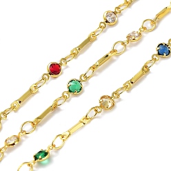 Mixed Color Cubic Zirconia Flat Round Link Chains, with Real 18K Gold Plated Brass Findings, Soldered, with Spool, Mixed Color, 4x8x1.5mm