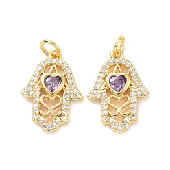Средний Фиолетовый Латунные микро проложить кубического циркония подвески, с прыжковых колец, долговечный, без кадмия и без свинца, золотой свет, Хамса рука с сердцем, средне фиолетовый, 18.5x13.5x3 мм