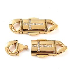 Real 24K Gold Plated Ion Plating(IP) 304 Stainless Steel Bayonet Clasps, with Micro Pave Clear Cubic Zirconia, Long-Lasting Plated, Oval, Real 24K Gold Plated, 40x16.5x5mm, Hole: 5x5mm