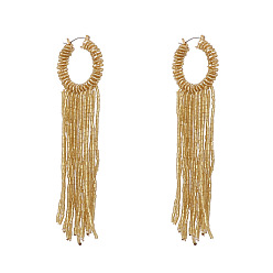 golden Bohemian Glass Bead Earrings with Ethnic Circle and Tassel Design