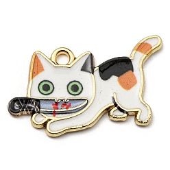 Colorful Printed Alloy Pendants, with Enamel, Golden, Cadmium Free & Nickel Free & Lead Free, Cat with Knife Shape Charms, Colorful, 17x29x1.5mm, Hole: 2mm