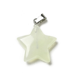 New Jade Natural New Jade Pendants, Star Charms, with Platinum Tone Stainless Steel, 22~22.5x19~20x5~5.5mm, Hole: 5x3mm