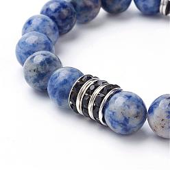 (306FM) Жонкиль матовый с лаймовой подкладкой Натуральные синие пятна стрейч браслеты из яшмы, С шариками из бронзы из бронзы из бронзы и шариками из полых труб из сплава, круглые, 2 дюйм (53 мм)