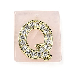 Letter Q Природного розового кварца подвески, прямоугольные подвески с латунной микропаве прозрачной кубической циркониевой буквой, реальный 18 k позолоченный, долговечный, стойки покрытие, Буква Q, 21x18x5 мм, отверстие : 1.4 мм