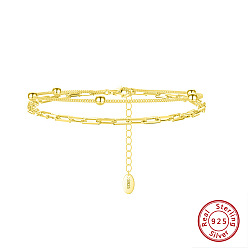 Real 14K Gold Plated 925 Sterling Silver Satellite & Paperclip Chains Double-Layer Multi-strand Bracelet, with S925 Stamp, Real 14K Gold Plated, 6-1/2 inch(16.6cm)