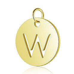 Letter W 304 Stainless Steel Charms, Flat Round with Letter, Golden, Letter.W, 12x1mm, Hole: 2.5mm