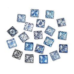 Square Glass Cabochons, Square with Flower Pattern, Mixed Color, 15x15x5mm, 20pcs/bag. 