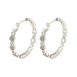 Platinum Brass with Cubic Zirconia Hoop Earrings, Flat Round, Platinum, 33.5x5mm
