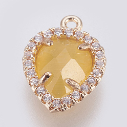 Yellow Brass Glass Pendants, with Cubic Zirconia, Faceted, teardrop, Light Gold, Yellow, 15x11x4.5mm, Hole: 1.2mm