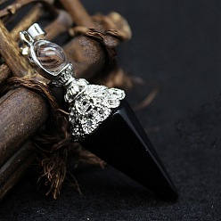Obsidian Natural Obsidian Big Pendants, Faceted Cone/Spike Pendulum Charms with Metal Snap on Bails, 60x17mm