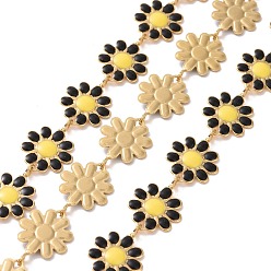 Black 304 Stainless Steel Daisy Flower Link Chains with Enamel, Unwelded, Golden, Black, 14x10x1mm
