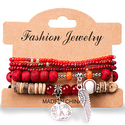 Red Bohemian Ethnic Style Bracelet with Wing Pendant and Multi-layer Elastic Beaded Hand Chain for Women Fashion Jewelry