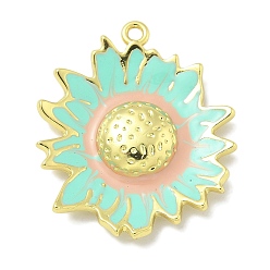Аквамарин Подвески из латуни с эмалью в стойку, долговечный, без свинца и без кадмия, прелести подсолнуха, реальный 18 k позолоченный, аквамарин, 28.5x24.5x4.5 мм, отверстие : 2 мм