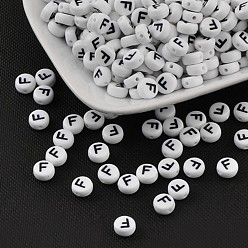 Letter F Acrylic Beads, with Horizontal Hole, Letter, Flat Round, Letter.F, 7x4mm, Hole: 1mm, about 3500pcs/500g