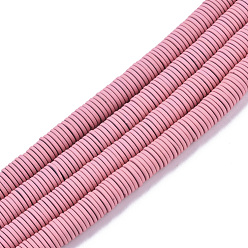 Pink Spray Painted Non-magnetic Synthetic Hematite Beads Strands, Heishi Beads, Flat Round/Disc, Pink, 6x1mm, Hole: 0.8mm, about 390~395pcs/strand, 15.75 inch(40cm)