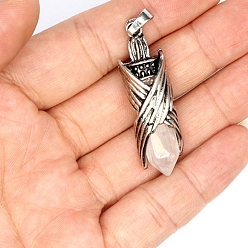 Quartz Crystal Natural Quartz Crystal Pointed Pendants, Faceted Bullet Charms with Antique Silver Plated Brass Wings, 44x12mm