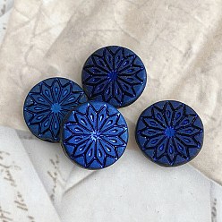 Marine Blue Czech Glass Beads, Flat Round with Flower, Black, 18mm