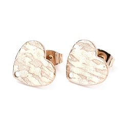 Rose Gold Ion Plating(IP) 304 Stainless Steel Stud Earring Findings, with Ear Nuts, Textured Heart, Rose Gold, 12x13mm, Hole: 1.5mm, Pin: 0.7mm