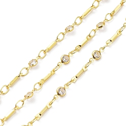 Clear Real 18K Gold Plated Brass Flat Round & Bar Link Chains, with Glass Beaded, Soldered, with Spool, Clear, 8.5x2x1mm, 8x4x2mm, about 32.81 Feet(10m)/Roll
