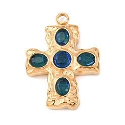 Морской Синий 304 микро нержавеющей стали прокладывать Цирконом подвески, крестик, вакуумное покрытие pvd, золотые, Marine Blue, 24.5x18x4.5 мм, отверстие : 2 мм