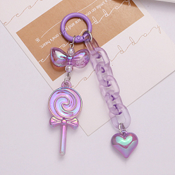 Lilac Rainbow Iridescent Plating Acrylic Heart & Lollipop Pendant Decorations, Glitter Keychain Ornaments, Lilac, 95mm