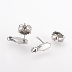 Stainless Steel Color 201 Stainless Steel Stud Earring Findings, with Loop and 304 Stainless Steel Pins, Stainless Steel Color, Pin: 0.8mm, 12x4mm, Hole: 1.5mm
