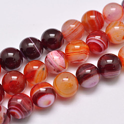 FireBrick Natural Striped Agate/Banded Agate Bead Strands, Dyed & Heated, Round, Grade A, FireBrick, 10mm, Hole: 1mm, about 39pcs/strand, 15.2 inch(387mm)