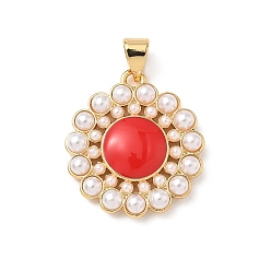 Красный Латунь эмаль подвески, круглые, с абс пластмассовой имитационной жемчужиной, без кадмия и без свинца, реальный 18 k позолоченный, красные, 22x20x4 мм, отверстие : 4x4.5 мм