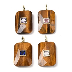 Тигровый глаз Природных тигровый глаз подвески, Подвески с прямоугольной огранкой и латунной микропаве из кубических цирконий разных цветов, золотые, 25x18x6~8 мм, отверстие : 2.5x3.5 мм